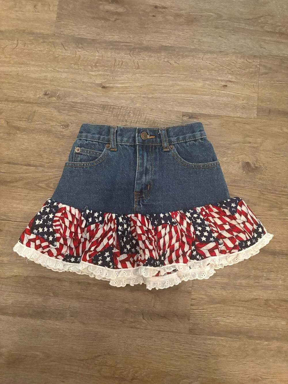 Kiddie Korral Girls Patriotic Denim Ruffle Skirt Stars & Stripes